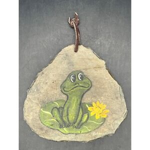 Vtg Slate Plaque Frog On Lily Pad-Signed Porch Decor-Collector Cottagecore 5"